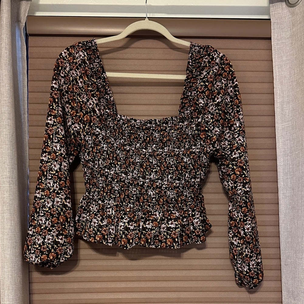 Floral Smocked Black and Orange Women's Top